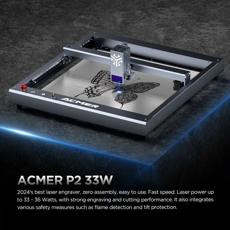 ACMER P2 33W Lazer kazıcı kesme makinesi, Ahşap Masaüstü Lazer kazıcı ve kesicisi Yüksek Hız 30000mm / min