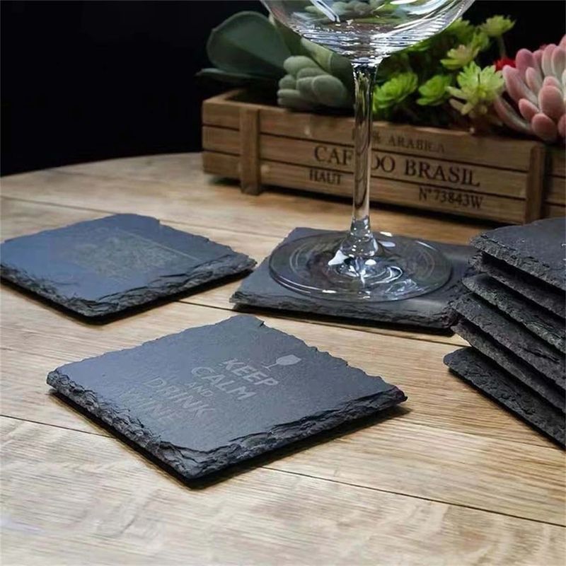 Custom Stone Drink Coasters Black Natural Edge Bar ve Ev İçin Taş Taş Tablası
